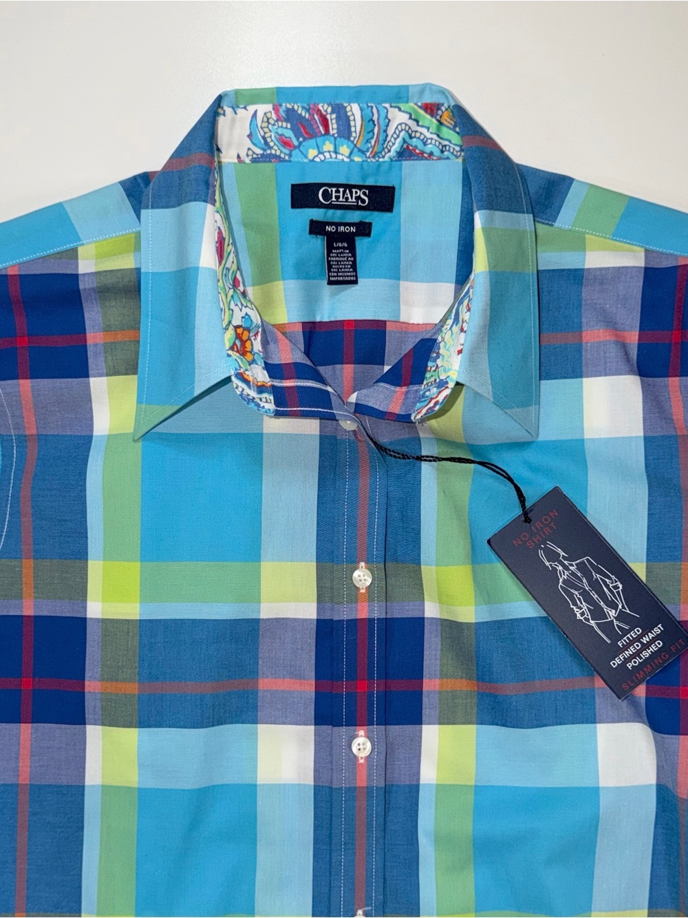 Chaps NO IRON Button Up Shirt Blue Plaid Top 3/4 Sleeve Women Sz Large ~ NWT - Picture 11 of 11